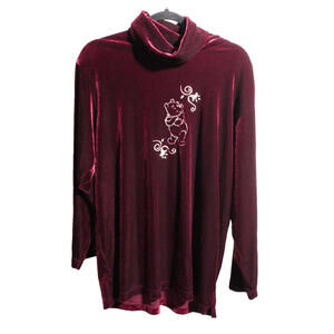 VTG Disney Catalog Pooh Embroidered Red Velvet Turtleneck Blouse Women M Holiday